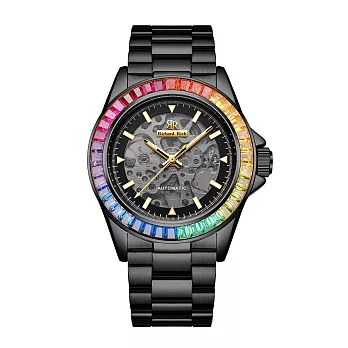 【Richard Rich】RR 海軍上將系列 暗夜黑彩鑽圈縷空錶盤自動機械不鏽鋼腕錶 白珍藏版香氛防水盒手錶套組
