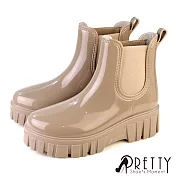 【Pretty】女 雨靴 雨鞋 防水靴 防水鞋 切爾西 短筒 厚底 EU39 杏色