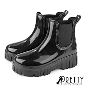 【Pretty】女 雨靴 雨鞋 防水靴 防水鞋 切爾西 短筒 厚底 EU39 黑色