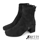 【Pretty】女 短靴 貼腿靴 方頭 仿麂皮 拉鍊 粗跟 高跟 JP23 黑色