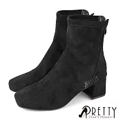 【Pretty】女 短靴 貼腿靴 方頭 仿麂皮 拉鍊 粗跟 高跟 JP23 黑色