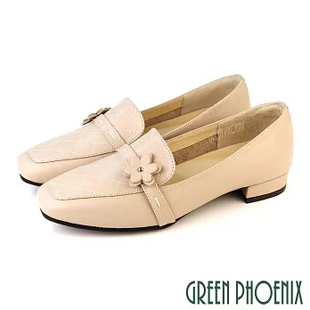 【GREEN PHOENIX】女 樂福鞋 包鞋 跟鞋 低跟 粗跟 花 全真皮 方頭 台灣製 US5 粉紅色