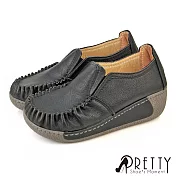 【Pretty】女 休閒鞋 莫卡辛 便鞋 彈力 氣墊 厚底 楔型 台灣製 JP22.5 黑色