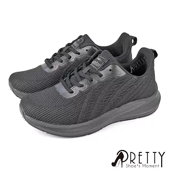 【Pretty】女 運動鞋 休閒鞋 飛線針織網布 綁帶 輕量 厚底 JP23.5 全黑