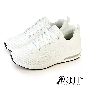 【Pretty】女 運動鞋 休閒鞋 氣墊鞋 飛線針織網布 綁帶 輕量 彈力 厚底 JP23 白色