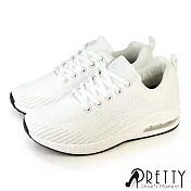 【Pretty】女 運動鞋 休閒鞋 氣墊鞋 飛線針織網布 綁帶 輕量 彈力 厚底 JP24 白色