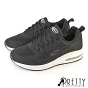 【Pretty】女 運動鞋 休閒鞋 氣墊鞋 飛線針織網布 綁帶 輕量 彈力 厚底 JP23 黑色