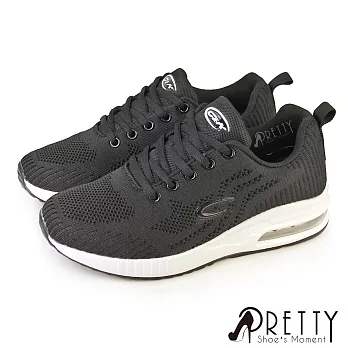 【Pretty】女 運動鞋 休閒鞋 氣墊鞋 飛線針織網布 綁帶 輕量 彈力 厚底 JP25 黑色