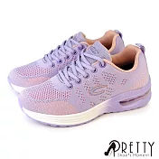 【Pretty】女 運動鞋 休閒鞋 氣墊鞋 混色 飛線針織網布 綁帶 輕量 彈力 厚底 JP25.5 紫色