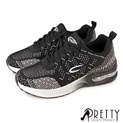 【Pretty】女 運動鞋 休閒鞋 氣墊鞋 混色 飛線針織網布 綁帶 輕量 彈力 厚底 JP25.5 黑色