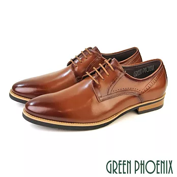 【GREEN PHOENIX】男 紳士鞋 商務鞋 德比鞋 皮鞋 綁帶 全真皮 牛皮 渲染 EU38 棕色