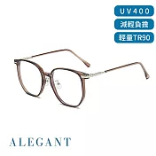 【ALEGANT】輕透時尚TR90輕量方框金屬鏡腳UV400濾藍光眼鏡 田園褐
