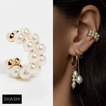 SHASHI 紐約品牌 Pema Double 金色雙層珍珠耳環 簡約C形耳環夾 無耳洞女孩必備