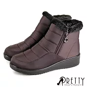 【Pretty】女 雪靴 短靴 防潑水 保暖 鋪毛 刷毛 拉鍊 輕量 小坡跟 EU39 棕色