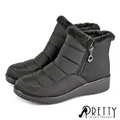 【Pretty】女 雪靴 短靴 防潑水 保暖 鋪毛 刷毛 拉鍊 輕量 小坡跟 EU39 黑色