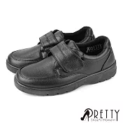 【Pretty】男 女大尺碼 學生鞋 皮鞋 商務鞋 全黑工作鞋 休閒鞋 沾黏式 台灣製 JP25 黑色