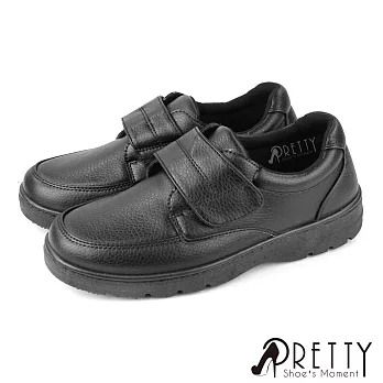【Pretty】男 女大尺碼 學生鞋 皮鞋 商務鞋 全黑工作鞋 休閒鞋 沾黏式 台灣製 JP25 黑色