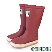 【GREEN PHOENIX】女 雨靴 雨鞋 防水靴 防水鞋 大尺碼 長筒 束帶 平底 EU37 酒紅色