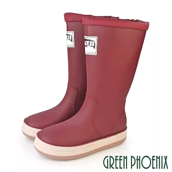 【GREEN PHOENIX】女 雨靴 雨鞋 防水靴 防水鞋 大尺碼 長筒 束帶 平底 EU37 酒紅色