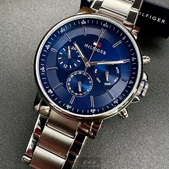 Tommy Hilfiger湯米希爾費格精品錶,編號：TH00049,44mm圓形銀精鋼錶殼寶藍色錶盤精鋼銀色錶帶