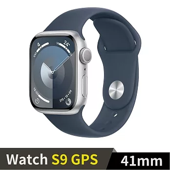 Apple Watch S9 GPS 41mm 鋁金屬錶殼搭配運動型錶帶 (銀鋁風暴藍錶帶(S/M))
