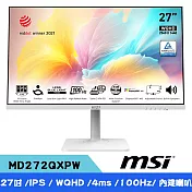 MSI微星 Modern MD272QXPW 27吋 2K IPS平面螢幕-白