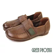 【GREEN PHOENIX】女 休閒鞋 平底鞋 包鞋 便鞋 全真皮 牛皮 沾黏 平底 JP25 棕色