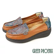 【GREEN PHOENIX】女 休閒鞋 樂福鞋 莫卡辛 包鞋 便鞋 全真皮 足弓鞋墊 厚底 EU36 棕色