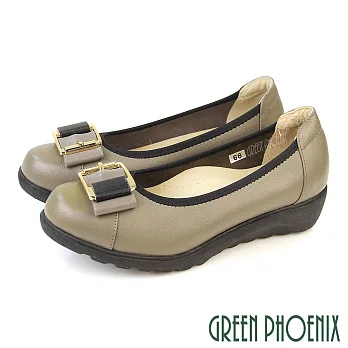 【GREEN PHOENIX】女 包鞋 娃娃鞋 便鞋 厚底 楔型 小坡跟 全真皮 OL 面試 通勤 台灣製 JP21.5 灰色65