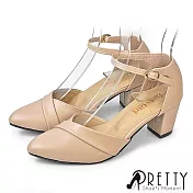 【Pretty】女 跟鞋 包鞋 尖頭 側空 繞踝 金屬釦 高跟 台灣製 JP24.5 米色
