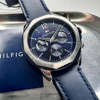 Tommy Hilfiger湯米希爾費格精品錶,編號：TH00064,46mm八角形銀藍雙色精鋼錶殼寶藍色錶盤真皮皮革寶藍錶帶