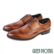 【GREEN PHOENIX】男 皮鞋 紳士鞋 德比鞋 商務鞋 全真皮 綁帶 雕花 EU42 棕色
