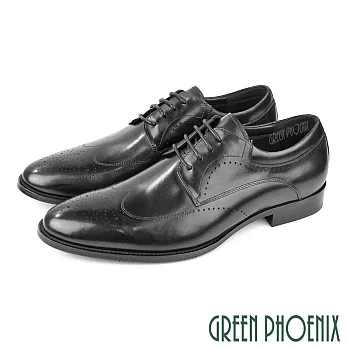 【GREEN PHOENIX】男 皮鞋 紳士鞋 德比鞋 商務鞋 全真皮 綁帶 雕花 EU40 黑色