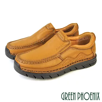 【GREEN PHOENIX】男 休閒鞋 休閒皮鞋 厚底 全真皮 吸震減壓 商務通勤 EU41 卡其色