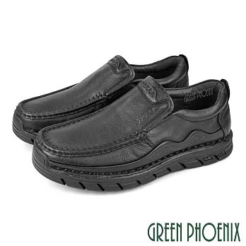 【GREEN PHOENIX】男 休閒鞋 休閒皮鞋 厚底 全真皮 吸震減壓 商務通勤 EU39 黑色