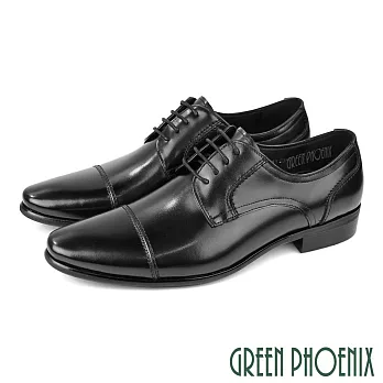 【GREEN PHOENIX】男 德比鞋 紳士鞋 商務鞋 皮鞋 綁帶 全真皮 牛皮 橫飾 渲染 EU43 黑色