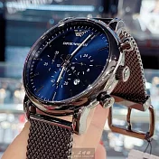 ARMANI阿曼尼精品錶,編號：AR00056,44mm圓形黑精鋼錶殼寶藍色錶盤米蘭鐵灰色錶帶