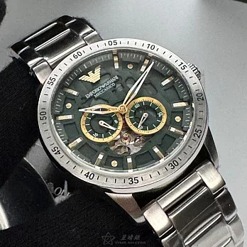 ARMANI阿曼尼精品錶,編號：AR00057,44mm圓形銀精鋼錶殼墨綠色機械鏤空錶盤精鋼銀色錶帶