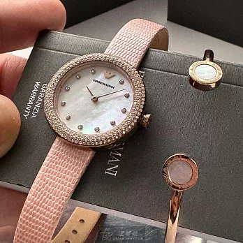 ARMANI阿曼尼精品錶,編號：AR00058,30mm圓形玫瑰金精鋼錶殼貝母錶盤真皮皮革粉紅錶帶