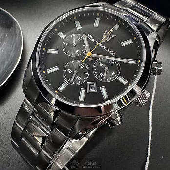 MASERATI瑪莎拉蒂精品錶,編號：R8853151010,42mm圓形銀精鋼錶殼黑色錶盤精鋼銀色錶帶