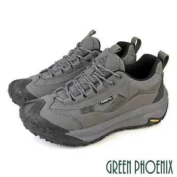 【GREEN PHOENIX】男 登山鞋 休閒鞋 運動鞋 防潑水 抓地力 輕量 吸震減壓 透氣 真皮 綁帶 EU39 灰色