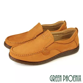 【GREEN PHOENIX】男 休閒鞋 休閒皮鞋 樂福鞋 便鞋 全真皮 油蠟牛皮 商務 EU45 棕色