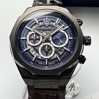 MASERATI瑪莎拉蒂精品錶,編號：R8873642012,46mm十邊形黑精鋼錶殼寶藍機械鏤空錶盤精鋼深黑色錶帶