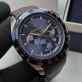 MASERATI瑪莎拉蒂精品錶,編號：R8871612037,46mm圓形寶藍精鋼錶殼寶藍色錶盤真皮皮革咖啡色錶帶