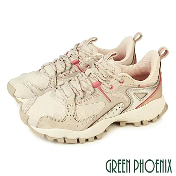 【GREEN PHOENIX】女 休閒鞋 登山鞋 健走鞋 綁帶 異質拼接 撞色 復古 厚底 EU37 米色