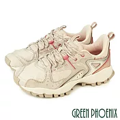 【GREEN PHOENIX】女 休閒鞋 登山鞋 健走鞋 綁帶 異質拼接 撞色 復古 厚底 EU39 米色
