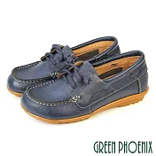 【GREEN PHOENIX】女 休閒鞋 帆船鞋 平底鞋 便鞋 全真皮 牛皮 綁帶 台灣製 JP24 藍色72