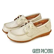 【GREEN PHOENIX】女 休閒鞋 帆船鞋 平底鞋 便鞋 全真皮 牛皮 綁帶 台灣製 JP24 米色72