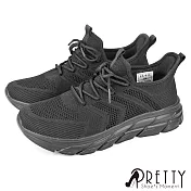 【Pretty】男 運動鞋 休閒鞋 健走鞋 輕量 厚底 飛線針織 EU41 全黑