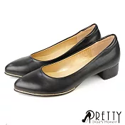 【Pretty】女 低跟鞋 素面 OL通勤 上班 面試 尖頭 粗跟 台灣製 JP22.5 黑色